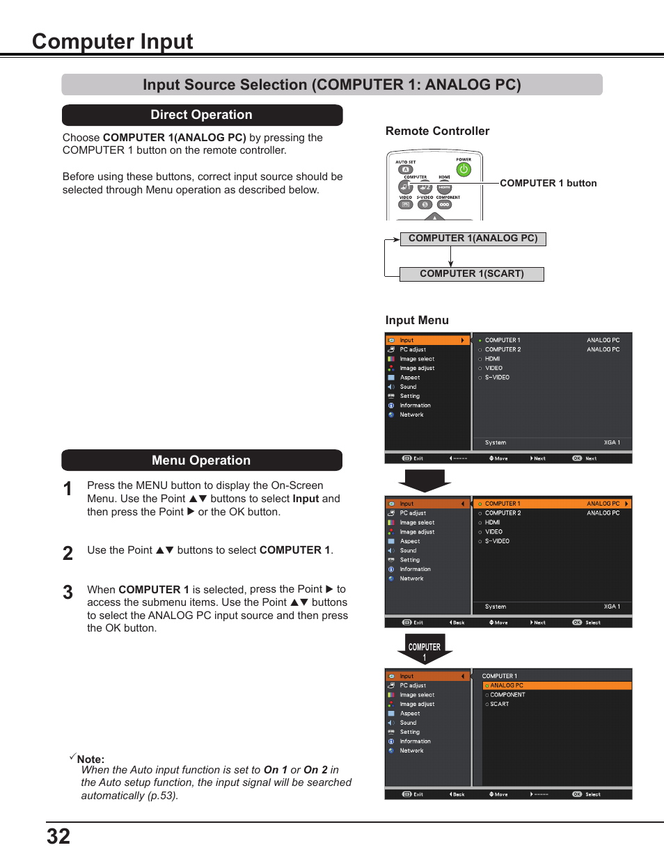 Computer input, Input source selection (computer 1: analog pc) | Canon Multimedia Projector LV-8235 UST User Manual | Page 32 / 84