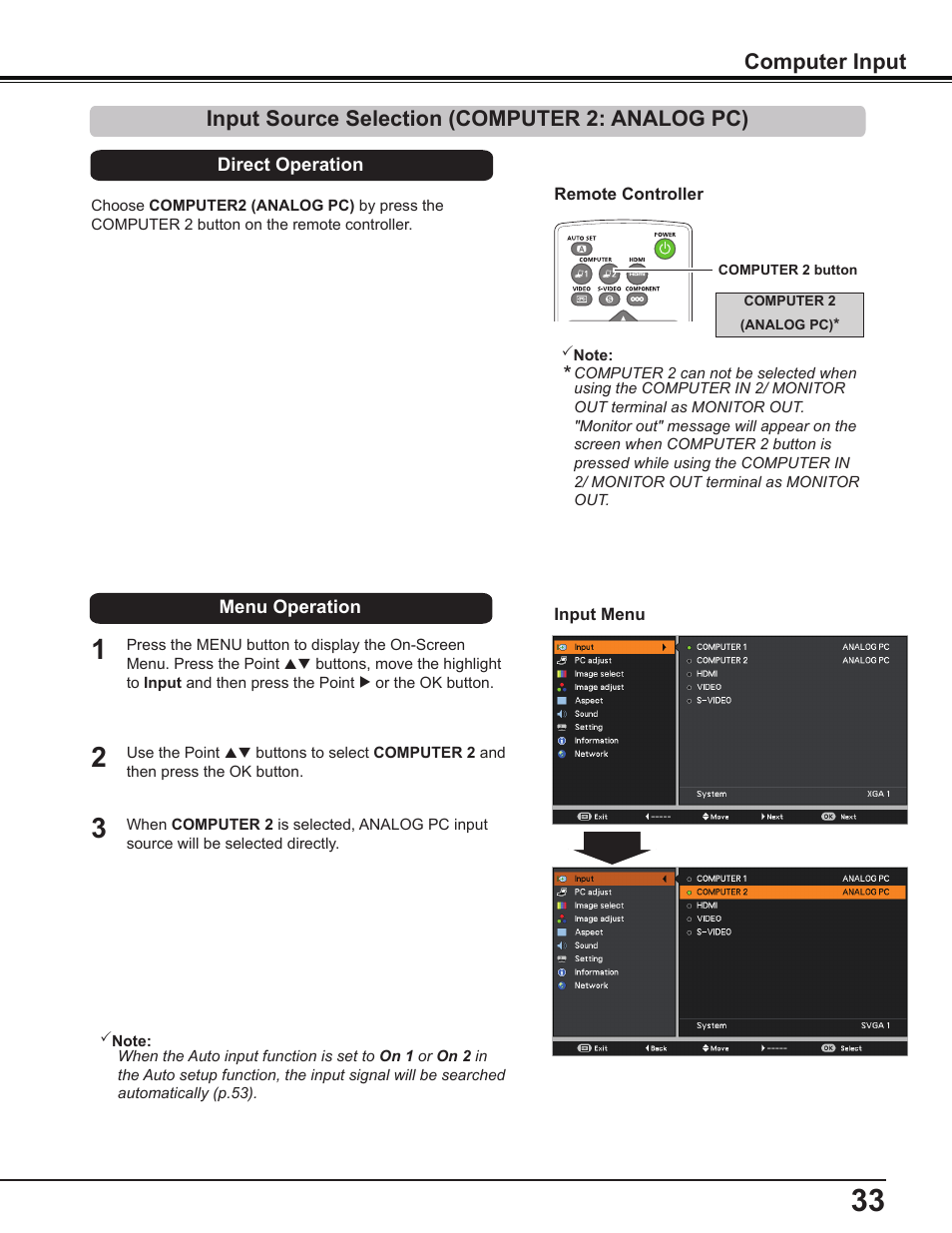 Input source selection (computer 2: analog pc), Computer input | Canon Multimedia Projector LV-8235 UST User Manual | Page 33 / 84