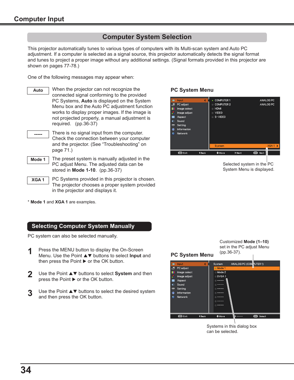 Computer system selection, Computer input | Canon Multimedia Projector LV-8235 UST User Manual | Page 34 / 84