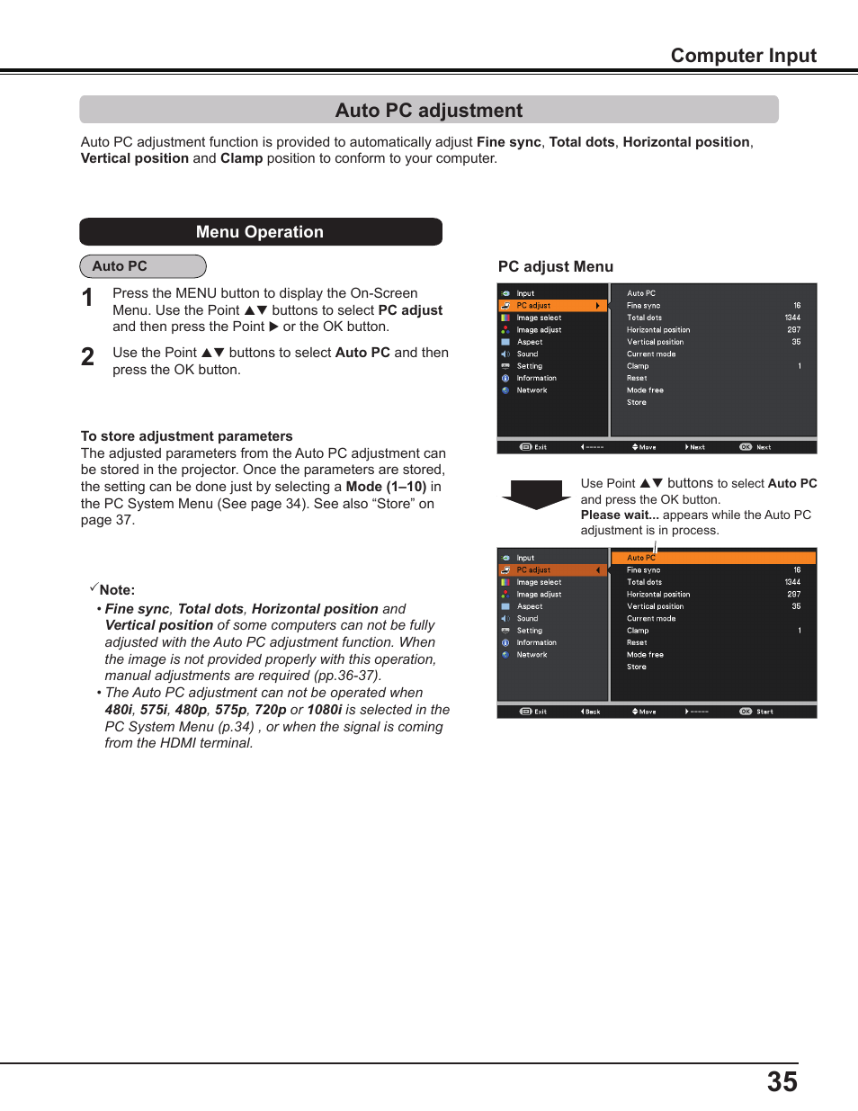 Auto pc adjustment, Computer input | Canon Multimedia Projector LV-8235 UST User Manual | Page 35 / 84