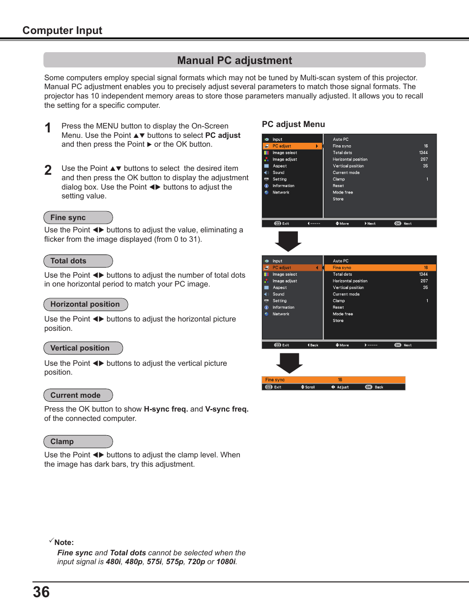 Manual pc adjustment, Computer input | Canon Multimedia Projector LV-8235 UST User Manual | Page 36 / 84