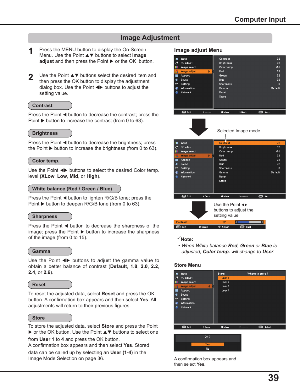 Image adjustment, Computer input | Canon Multimedia Projector LV-8235 UST User Manual | Page 39 / 84