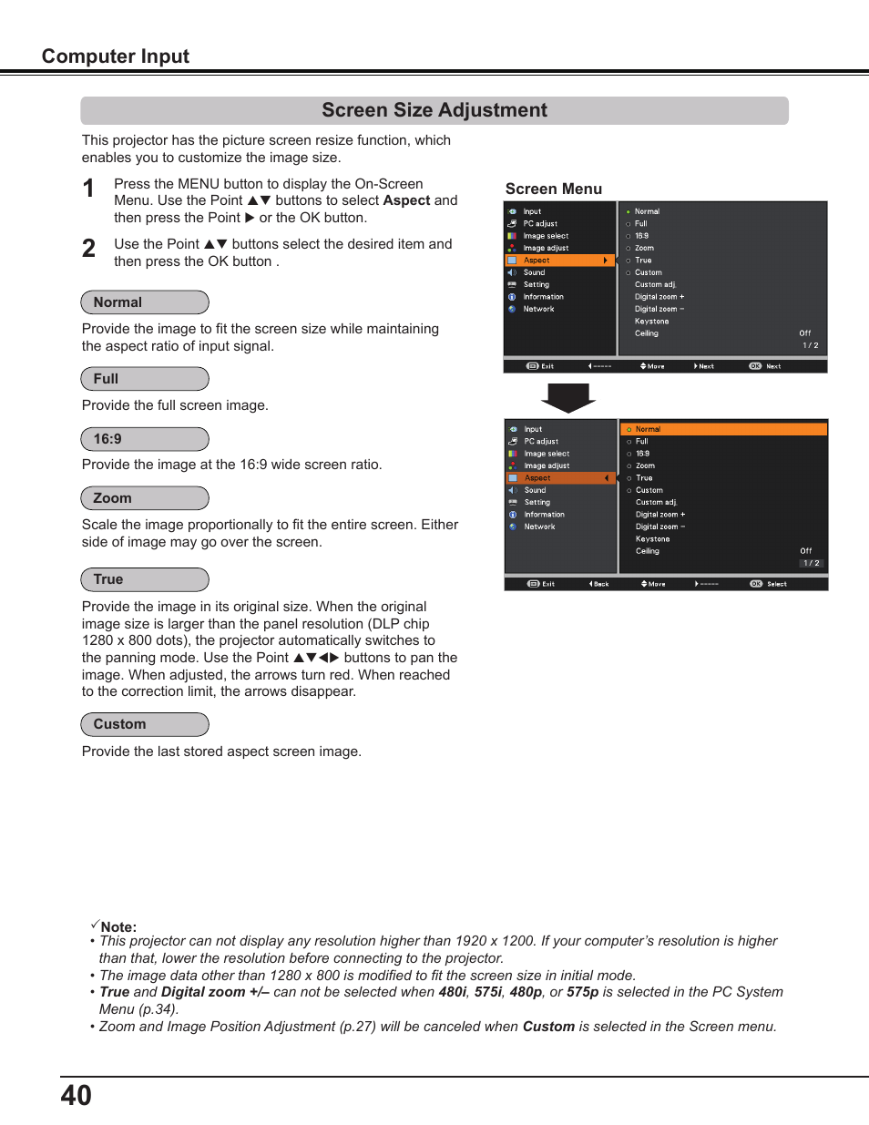 Screen size adjustment, Computer input | Canon Multimedia Projector LV-8235 UST User Manual | Page 40 / 84