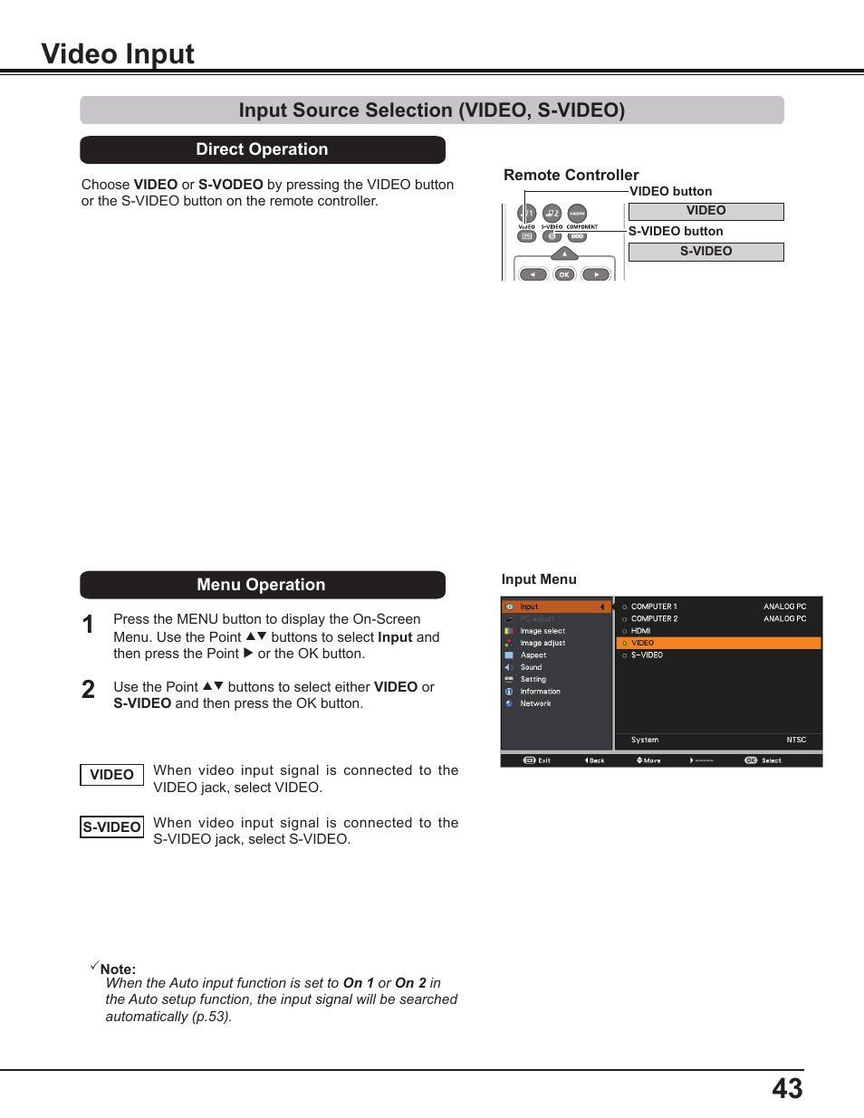 Video input, Input source selection (video, s-video) | Canon Multimedia Projector LV-8235 UST User Manual | Page 43 / 84