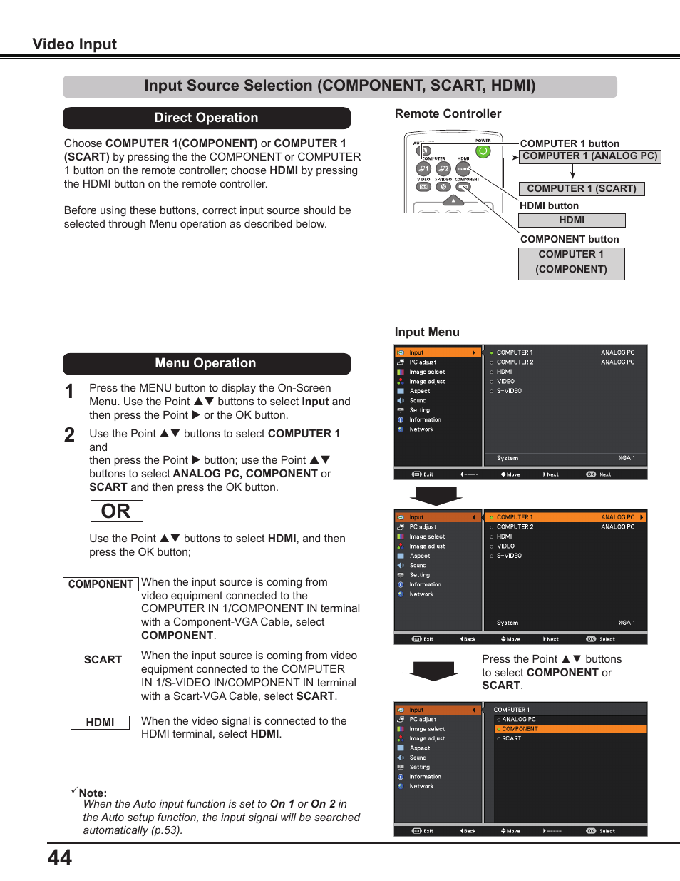Input source selection (component, scart, hdmi), Video input | Canon Multimedia Projector LV-8235 UST User Manual | Page 44 / 84