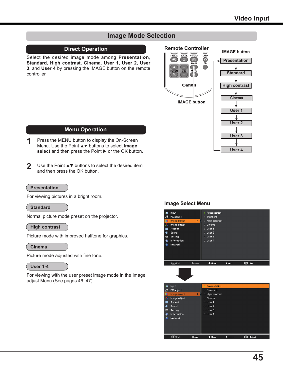 Image mode selection, Video input | Canon Multimedia Projector LV-8235 UST User Manual | Page 45 / 84