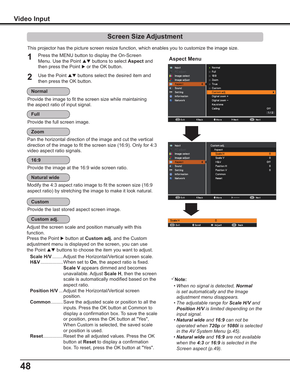 Screen size adjustment, Video input | Canon Multimedia Projector LV-8235 UST User Manual | Page 48 / 84