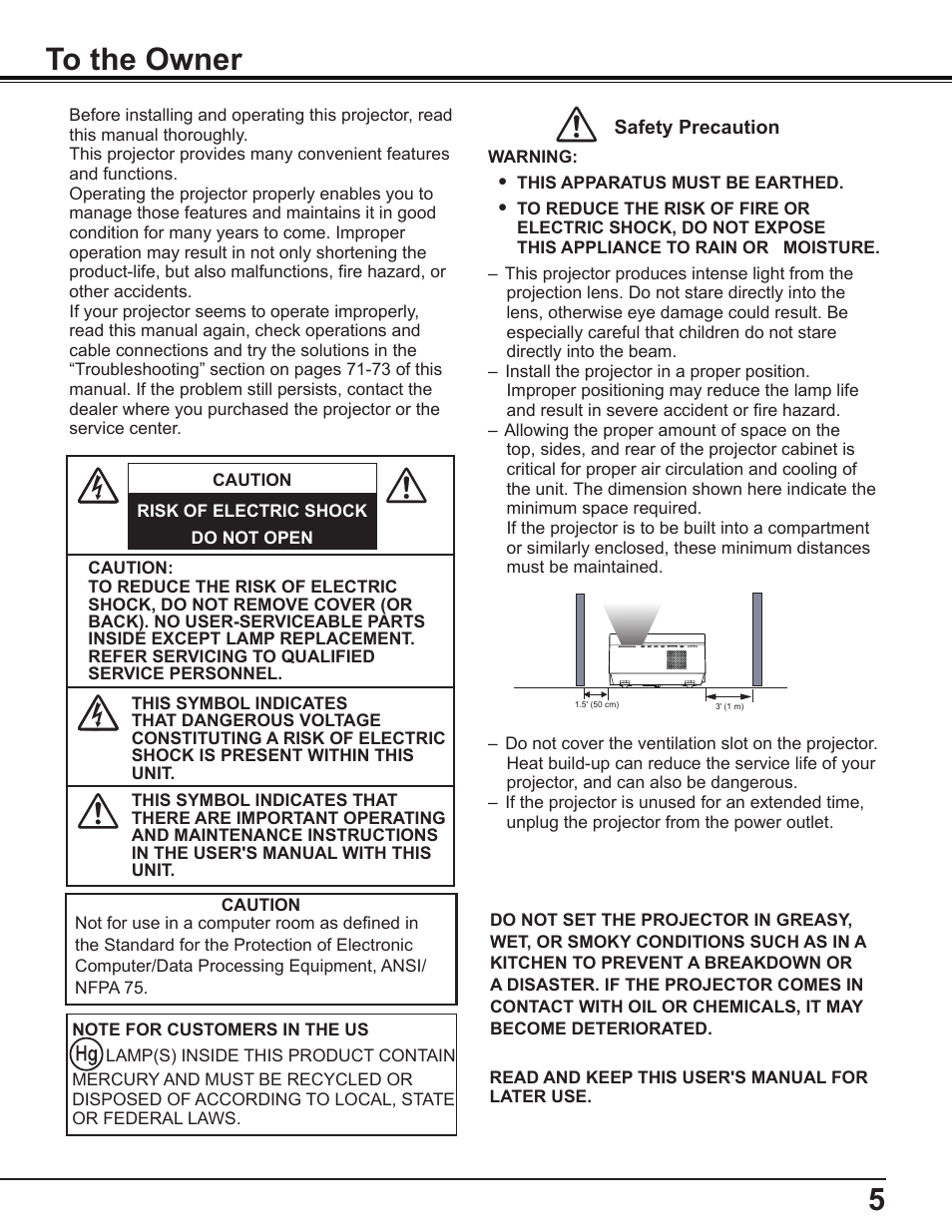 To the owner, 5to the owner | Canon Multimedia Projector LV-8235 UST User Manual | Page 5 / 84