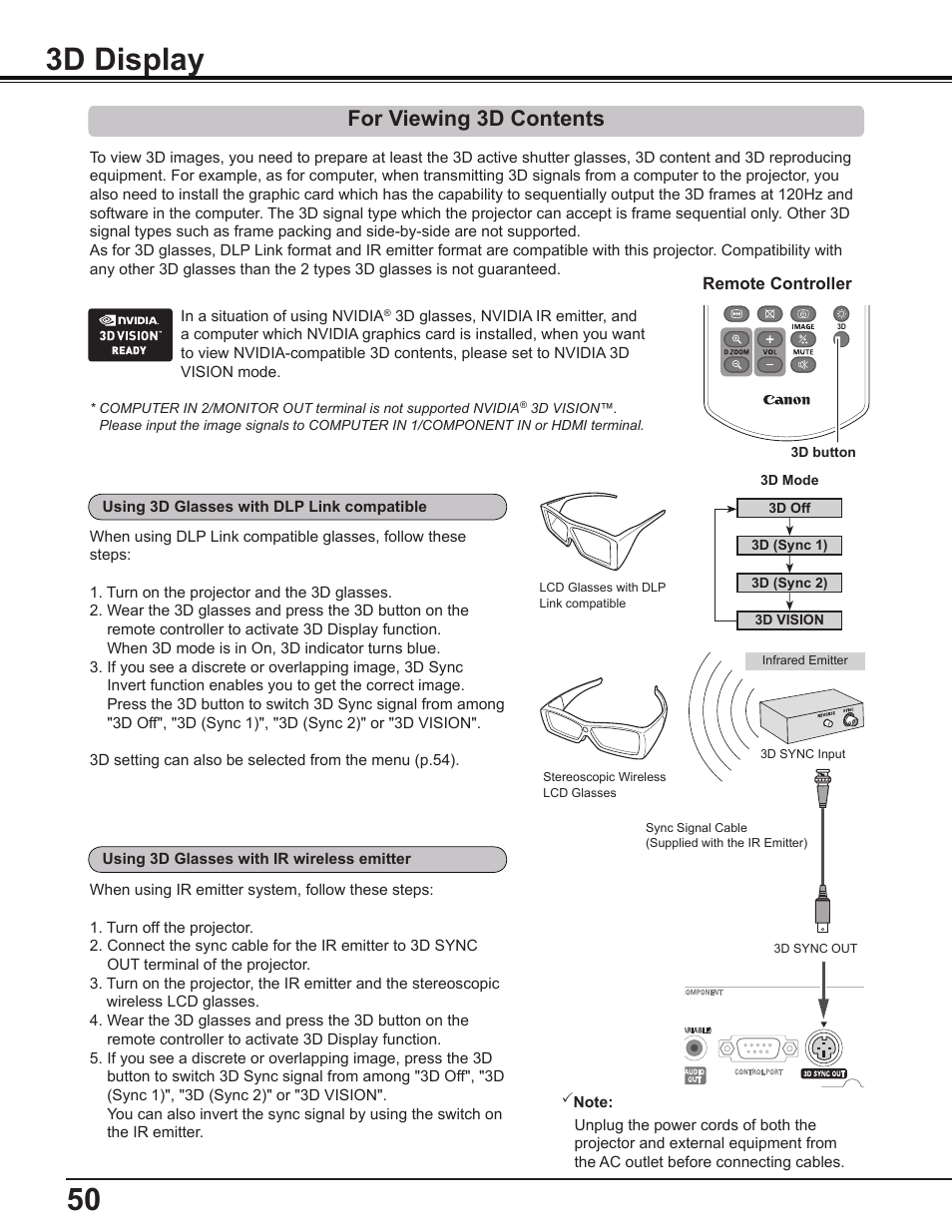3d display, For viewing 3d contents, 50 3d display | Canon Multimedia Projector LV-8235 UST User Manual | Page 50 / 84