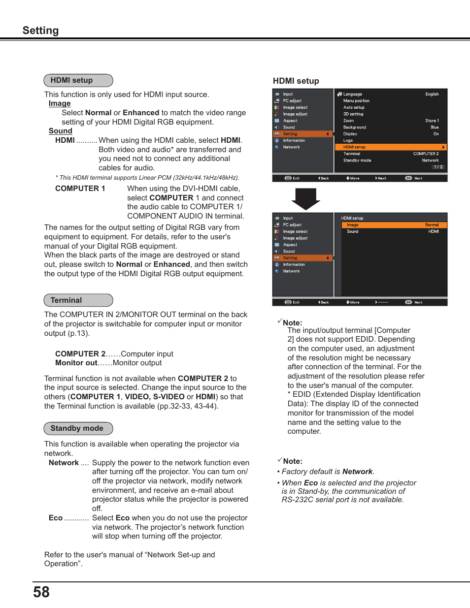 Setting | Canon Multimedia Projector LV-8235 UST User Manual | Page 58 / 84