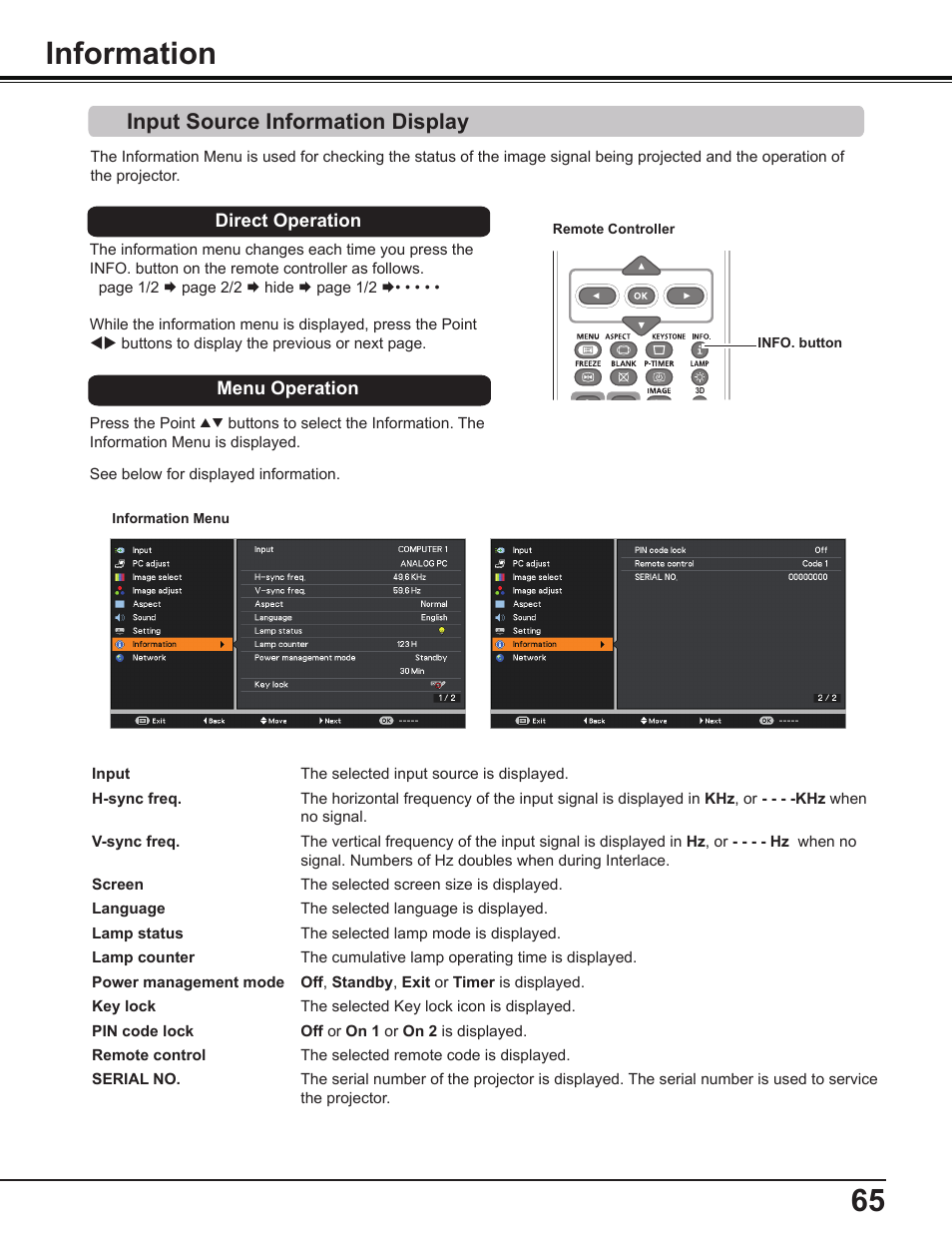 Information, Input source information display | Canon Multimedia Projector LV-8235 UST User Manual | Page 65 / 84