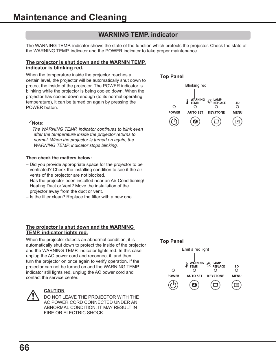 Maintenance and cleaning, Warning temp. indicator, Warning temp . indicator | Canon Multimedia Projector LV-8235 UST User Manual | Page 66 / 84