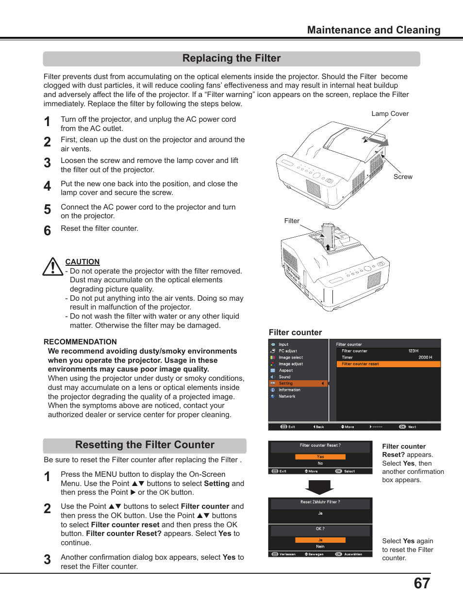 Replacing the filter, Resetting the filter counter | Canon Multimedia Projector LV-8235 UST User Manual | Page 67 / 84