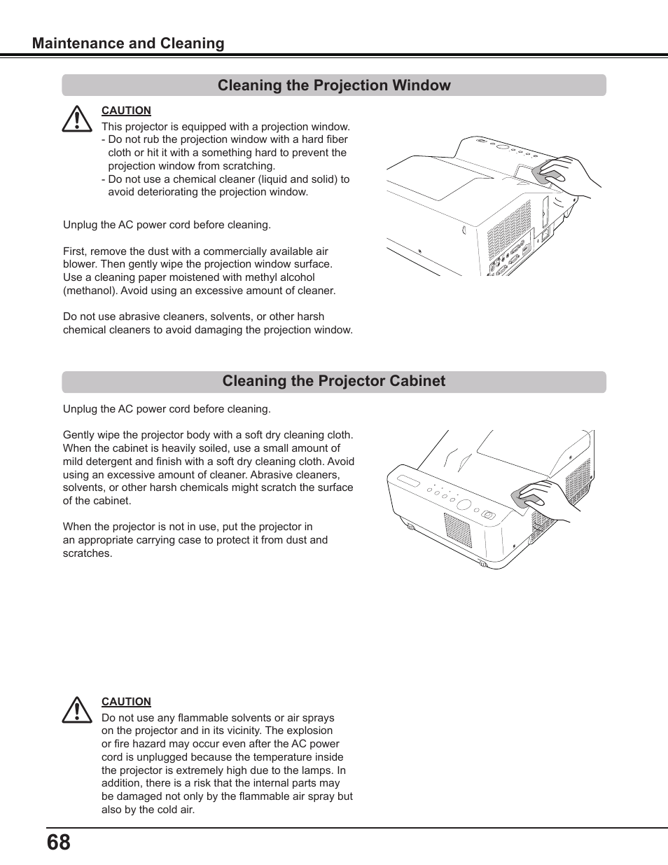 Cleaning the projection window, Cleaning the projector cabinet, Maintenance and cleaning | Canon Multimedia Projector LV-8235 UST User Manual | Page 68 / 84