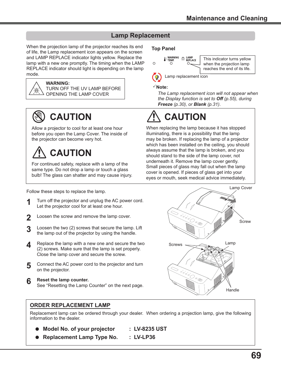 Lamp replacement, Caution, Maintenance and cleaning | Canon Multimedia Projector LV-8235 UST User Manual | Page 69 / 84