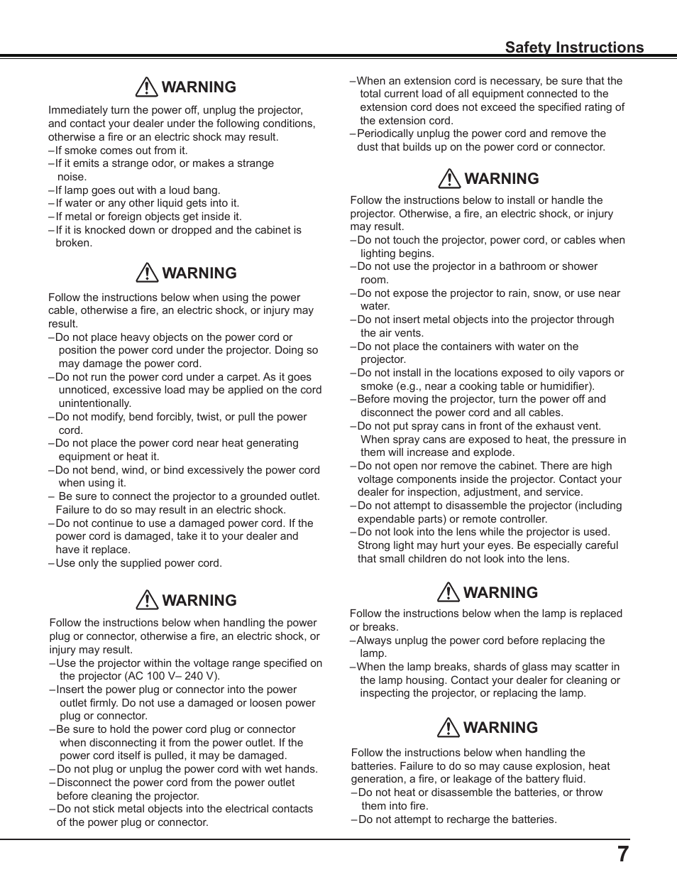 Warning, Warning safety instructions | Canon Multimedia Projector LV-8235 UST User Manual | Page 7 / 84