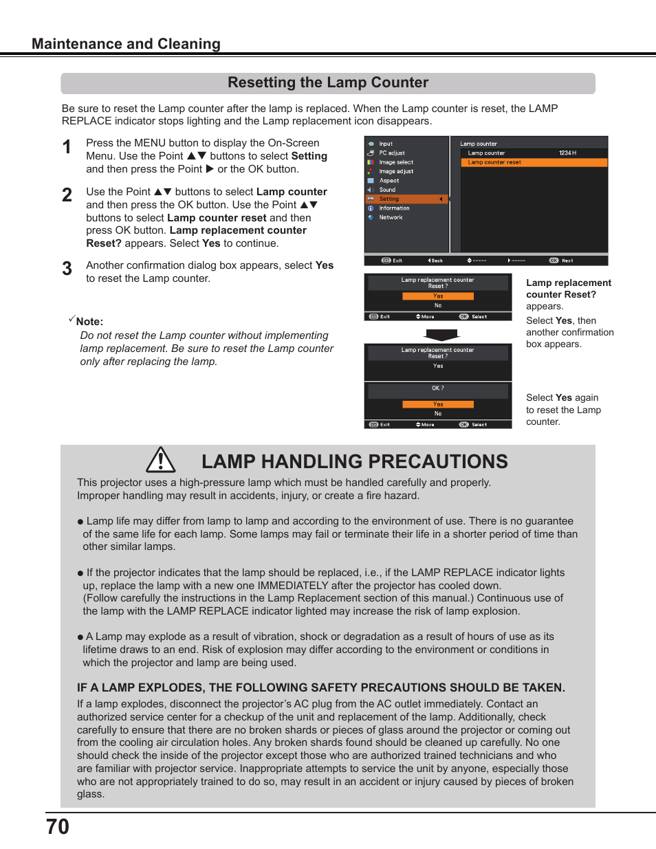 Resetting the lamp counter, Lamp handling precautions | Canon Multimedia Projector LV-8235 UST User Manual | Page 70 / 84