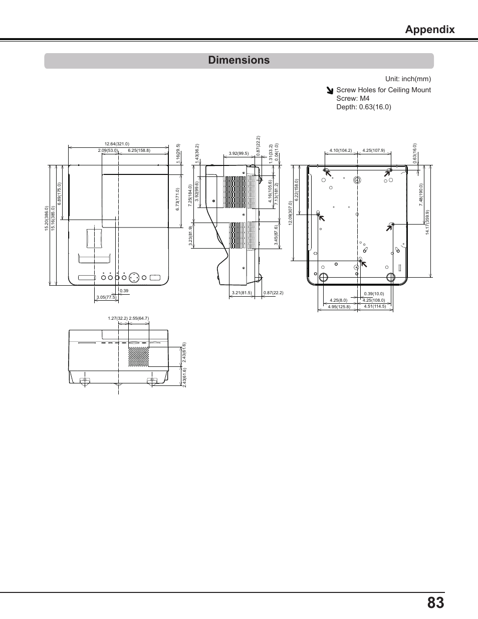 Dimensions, Dimensions appendix | Canon Multimedia Projector LV-8235 UST User Manual | Page 83 / 84