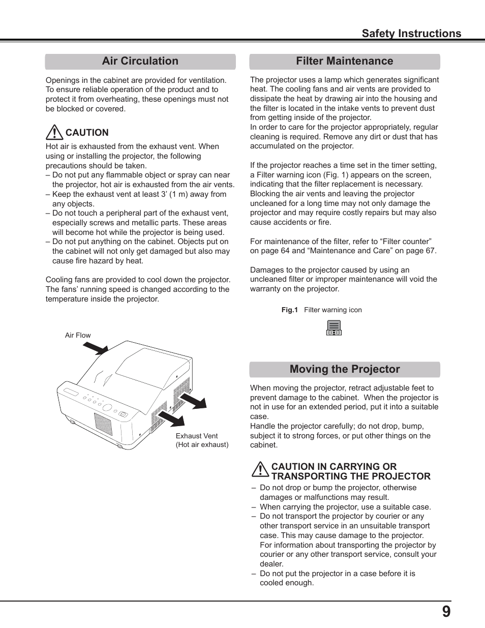 Air circulation, Filter maintenance, Moving the projector | Safety instructions | Canon Multimedia Projector LV-8235 UST User Manual | Page 9 / 84