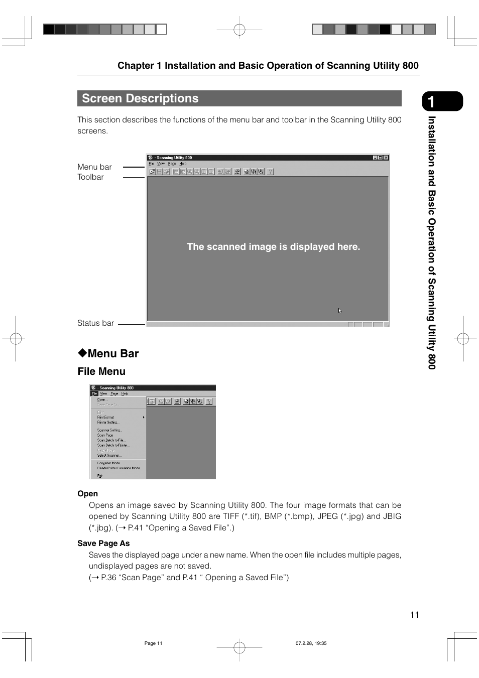 Screen descriptions, Menu bar | Canon 800II User Manual | Page 11 / 60