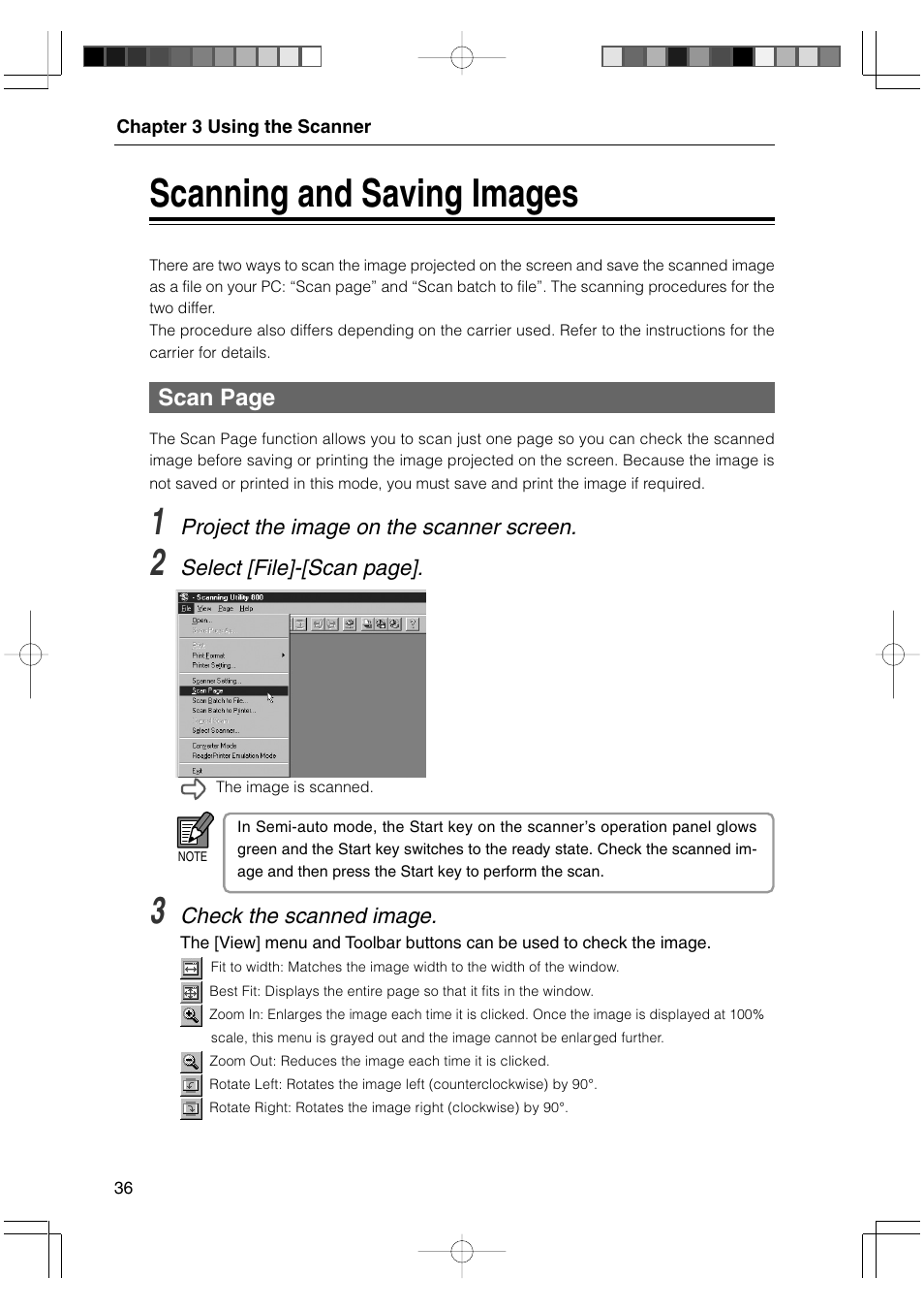 Scanning and saving images, Scan page | Canon 800II User Manual | Page 36 / 60