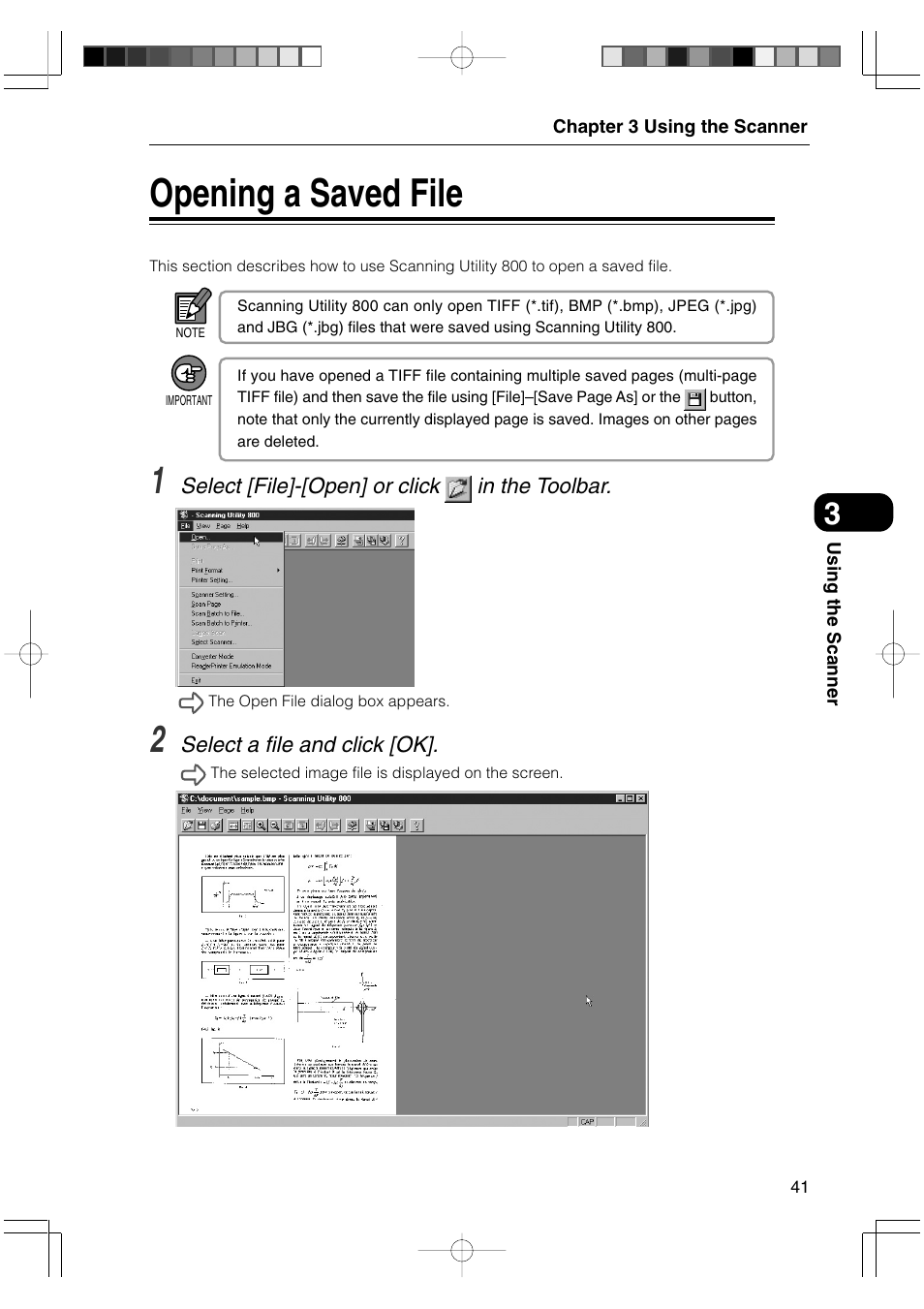 Opening a saved file | Canon 800II User Manual | Page 41 / 60