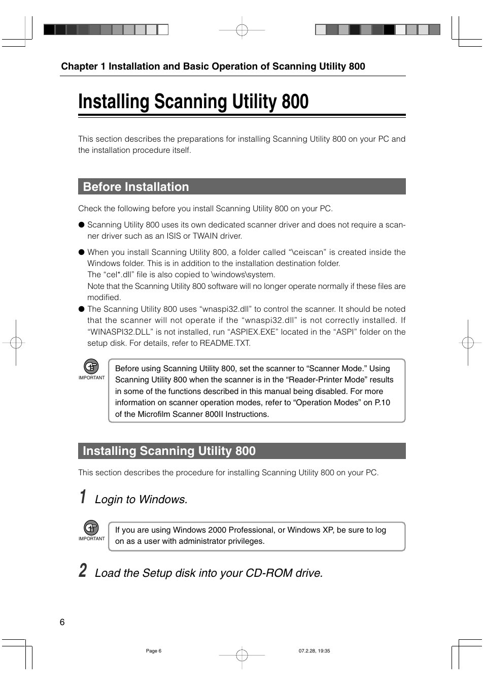 Installing scanning utility 800, Before installation, Login to windows | Load the setup disk into your cd-rom drive | Canon 800II User Manual | Page 6 / 60