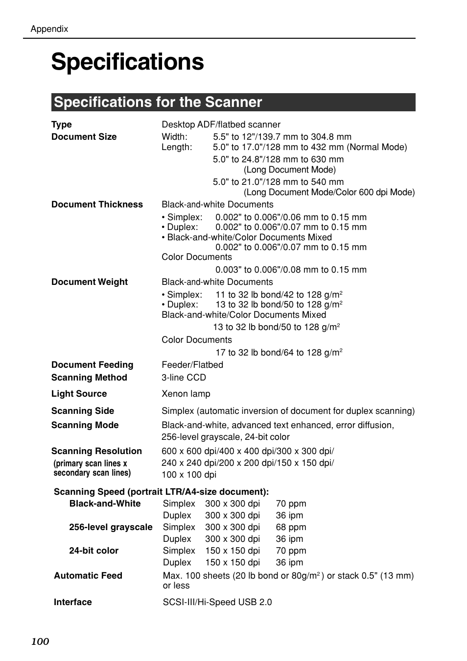 Specifications, Specifications for the scanner | Canon DR-7080C User Manual | Page 104 / 112