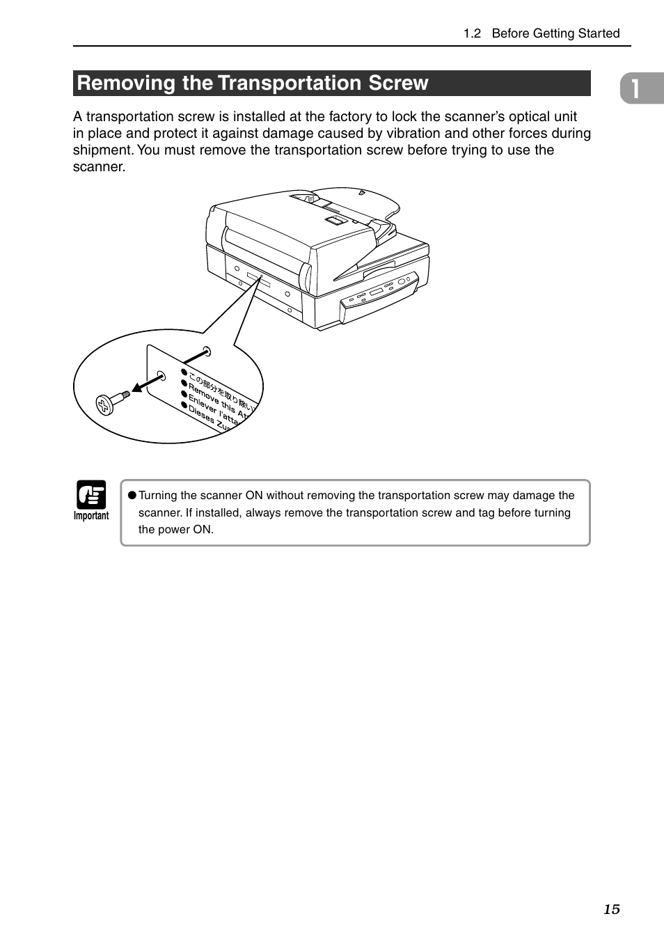 Removing the transportation screw | Canon DR-7080C User Manual | Page 19 / 112