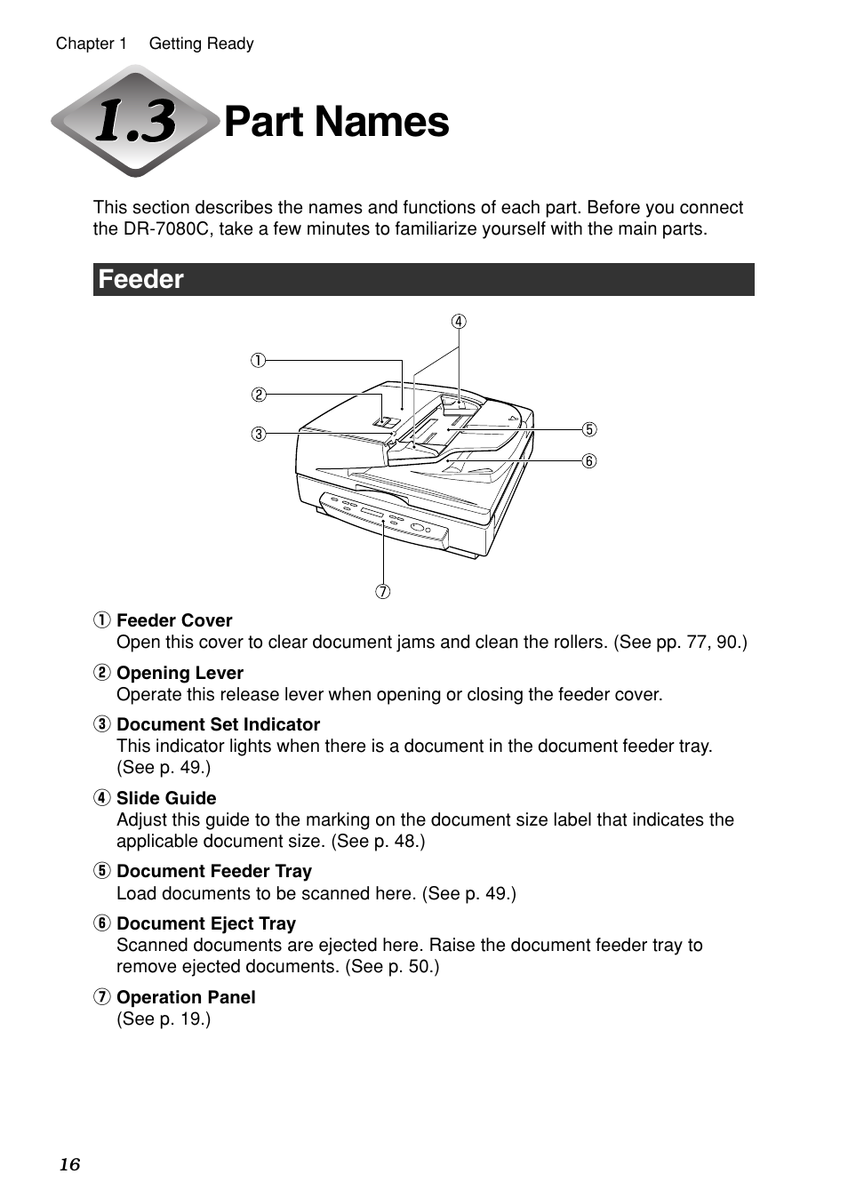 Part names, Feeder | Canon DR-7080C User Manual | Page 20 / 112