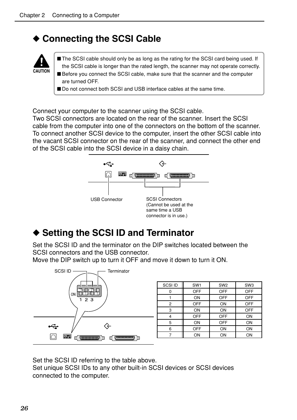 Connecting the scsi cable, Setting the scsi id and terminator | Canon DR-7080C User Manual | Page 30 / 112