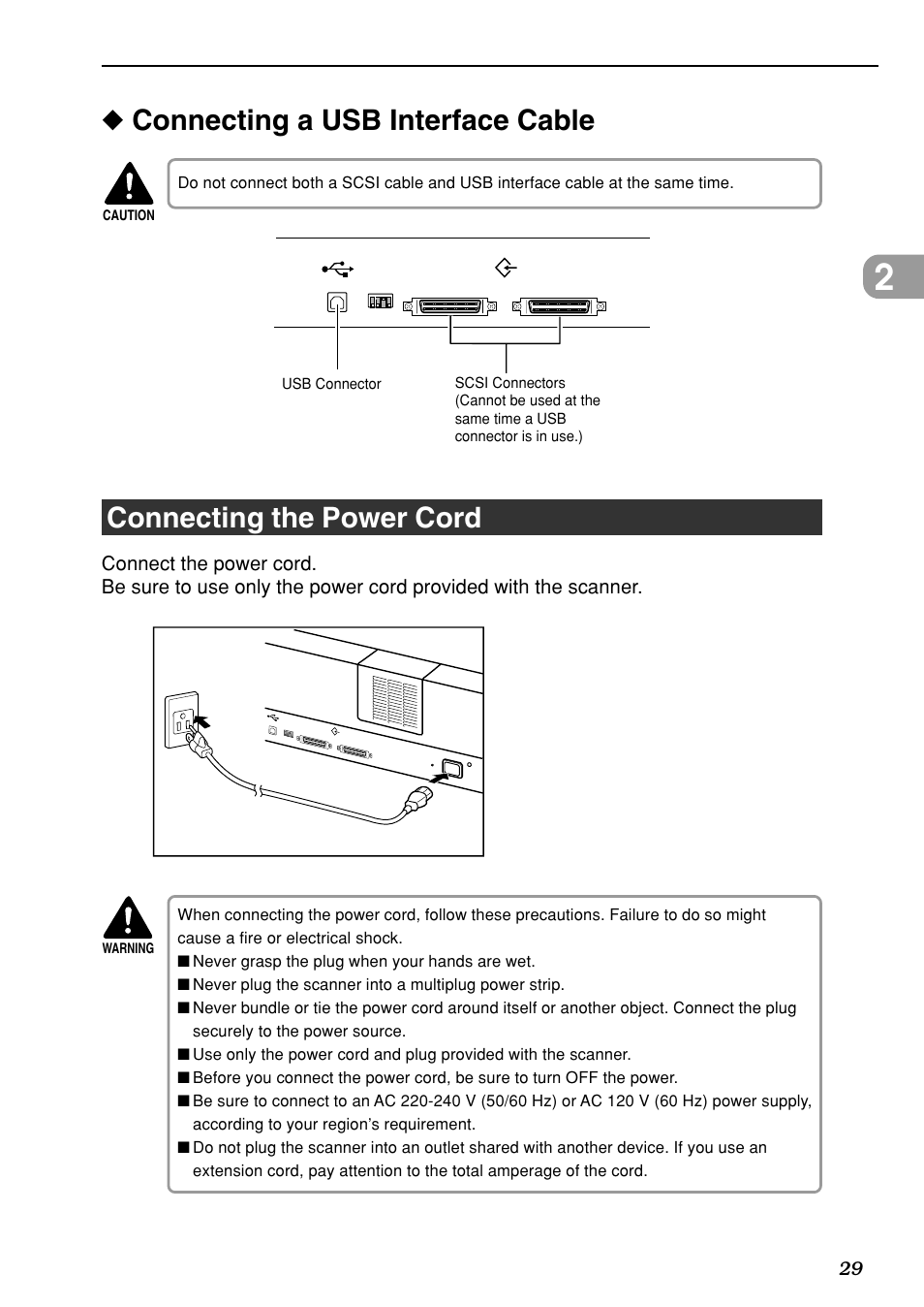 Connecting a usb interface cable, Connecting the power cord | Canon DR-7080C User Manual | Page 33 / 112