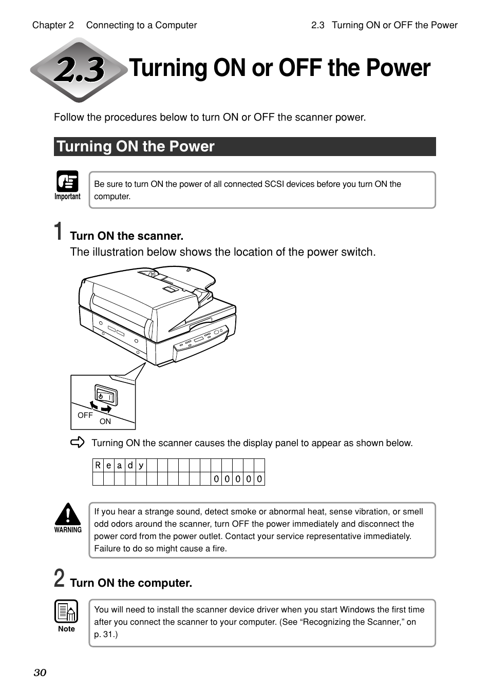 Turning on or off the power, Turning on the power | Canon DR-7080C User Manual | Page 34 / 112