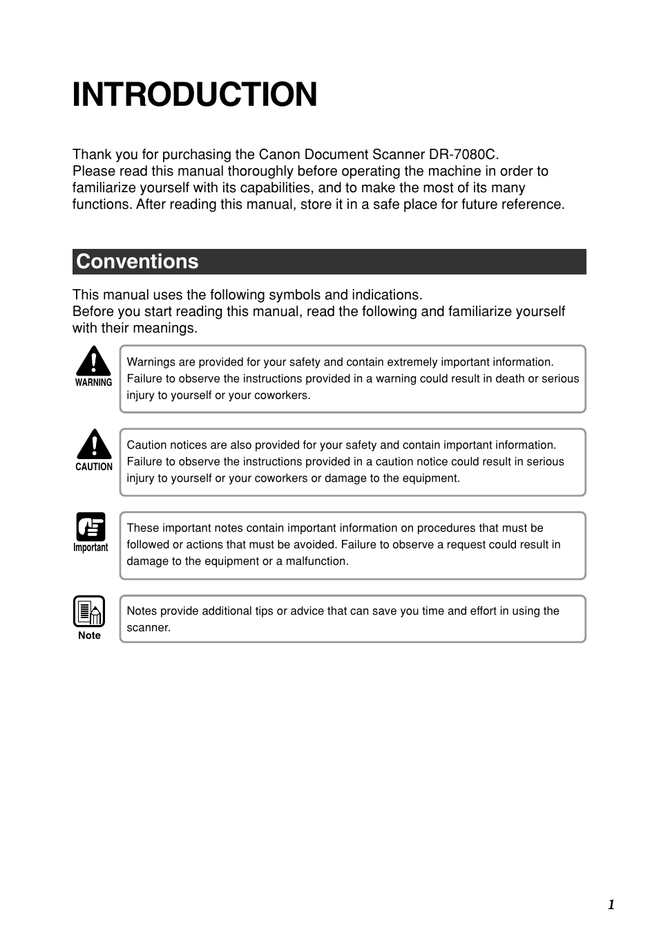 Introduction, Conventions | Canon DR-7080C User Manual | Page 5 / 112