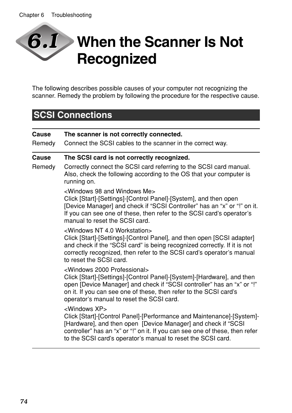 When the scanner is not recognized, Scsi connections | Canon DR-7080C User Manual | Page 78 / 112