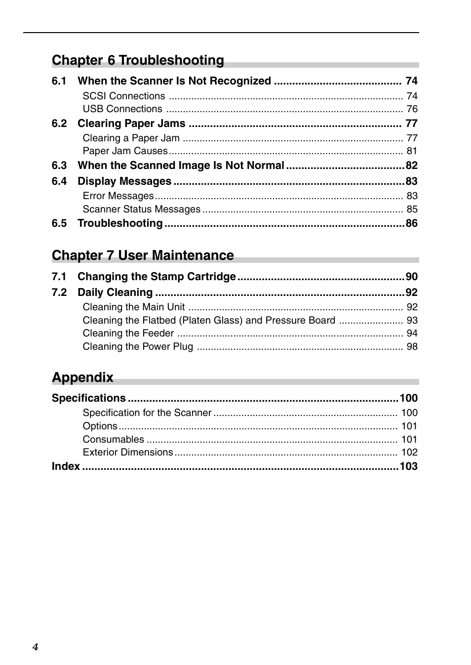 Chapter 6 troubleshooting, Chapter 7 user maintenance, Appendix | Canon DR-7080C User Manual | Page 8 / 112