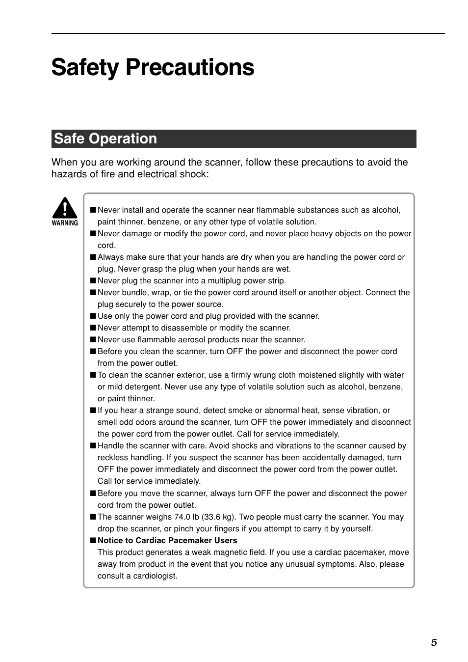 Safety precautions, Safe operation | Canon DR-7080C User Manual | Page 9 / 112