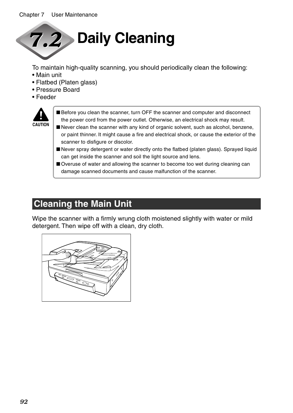 Daily cleaning, Cleaning the main unit | Canon DR-7080C User Manual | Page 96 / 112