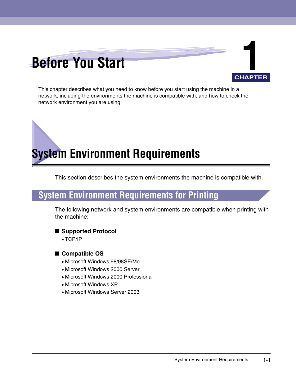 Before you start, System environment requirements, System environment requirements for printing | Chapter 1, System environment requirements -1, System environment requirements for printing -1 | Canon ImageCLASS MF8180c User Manual | Page 10 / 49