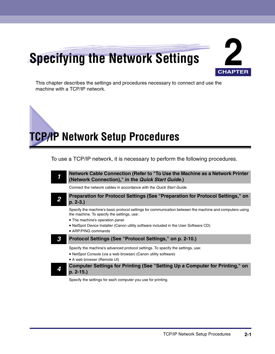 Specifying the network settings, Tcp/ip network setup procedures, Chapter 2 | Tcp/ip network setup procedures -1 | Canon ImageCLASS MF8180c User Manual | Page 12 / 49