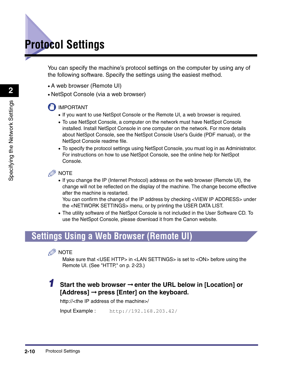 Protocol settings, Settings using a web browser (remote ui), Protocol settings -10 | Settings using a web browser (remote ui) -10 | Canon ImageCLASS MF8180c User Manual | Page 21 / 49