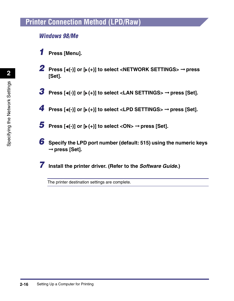 Printer connection method (lpd/raw), Printer connection method (lpd/raw) -16 | Canon ImageCLASS MF8180c User Manual | Page 27 / 49