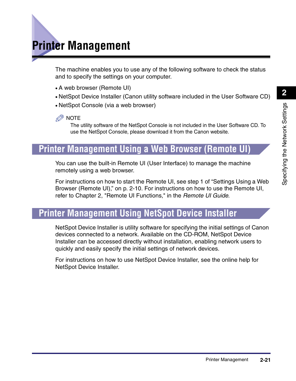Printer management, Printer management using a web browser (remote ui), Printer management using netspot device installer | Printer management -21 | Canon ImageCLASS MF8180c User Manual | Page 32 / 49