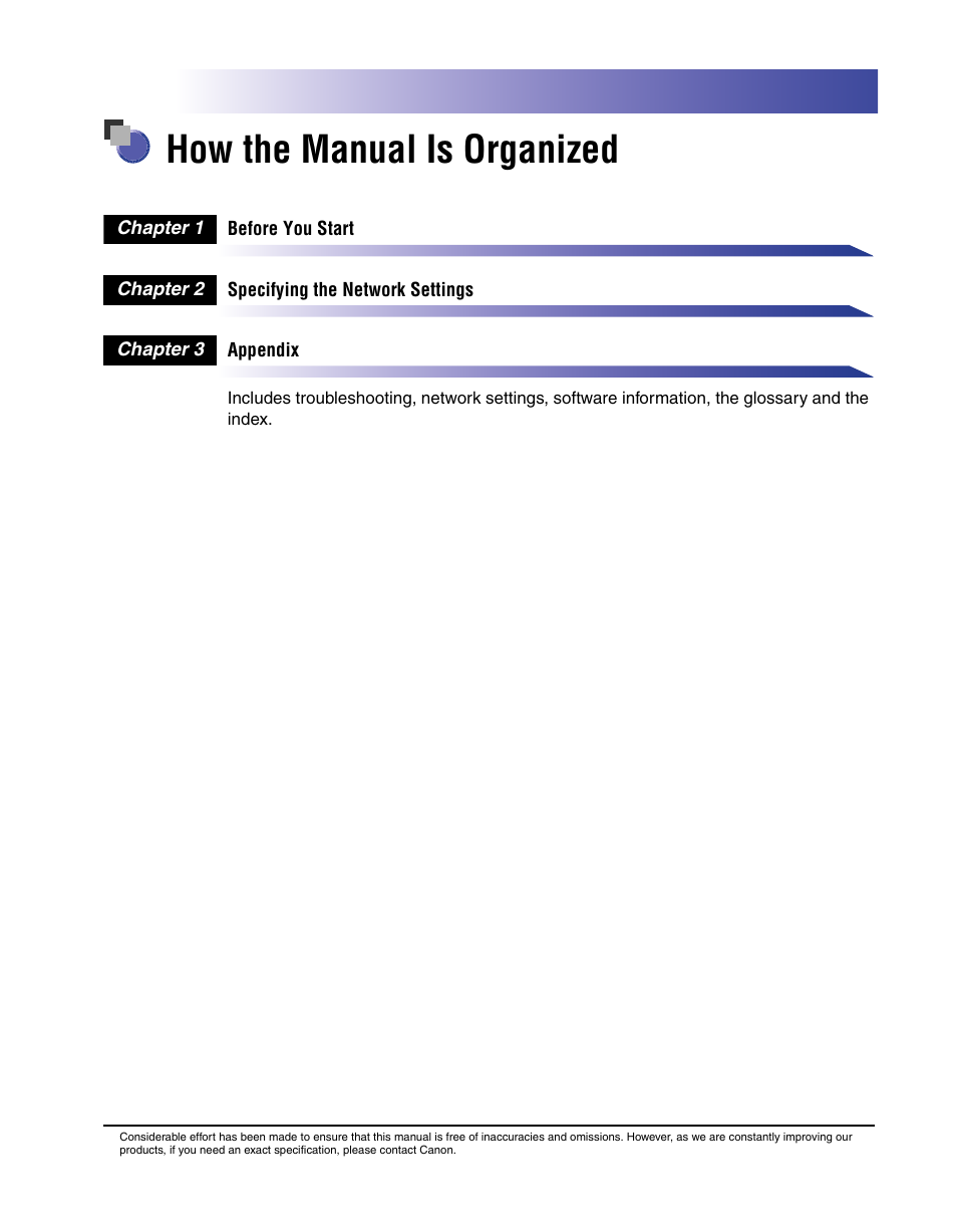 How the manual is organized | Canon ImageCLASS MF8180c User Manual | Page 4 / 49