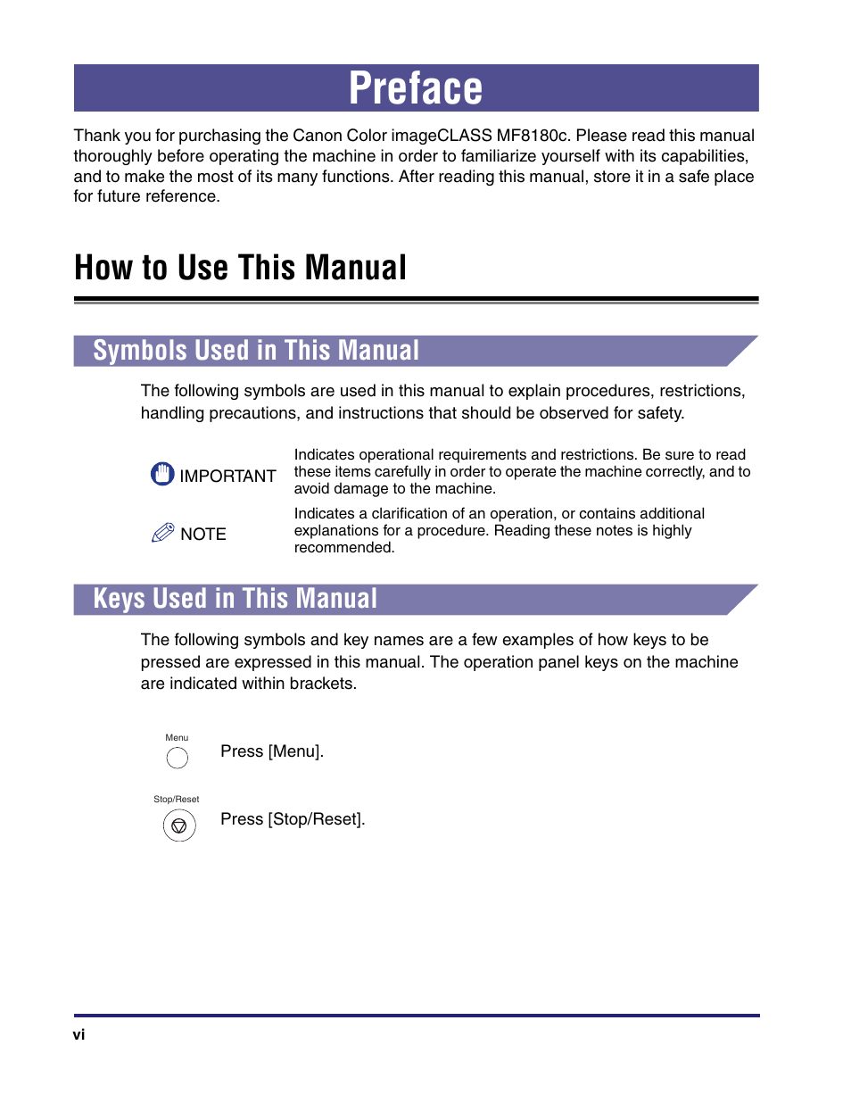 Preface, How to use this manual, Symbols used in this manual | Keys used in this manual | Canon ImageCLASS MF8180c User Manual | Page 7 / 49