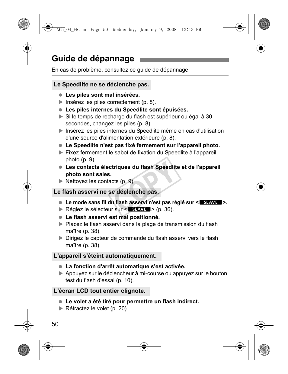 Cop y, Guide de dépannage | Canon Speedlite 580EX II User Manual | Page 109 / 176