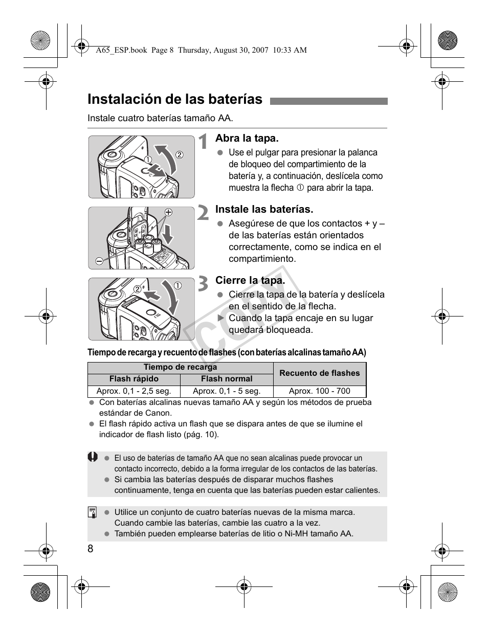 Cop y, Instalación de las baterías | Canon Speedlite 580EX II User Manual | Page 125 / 176