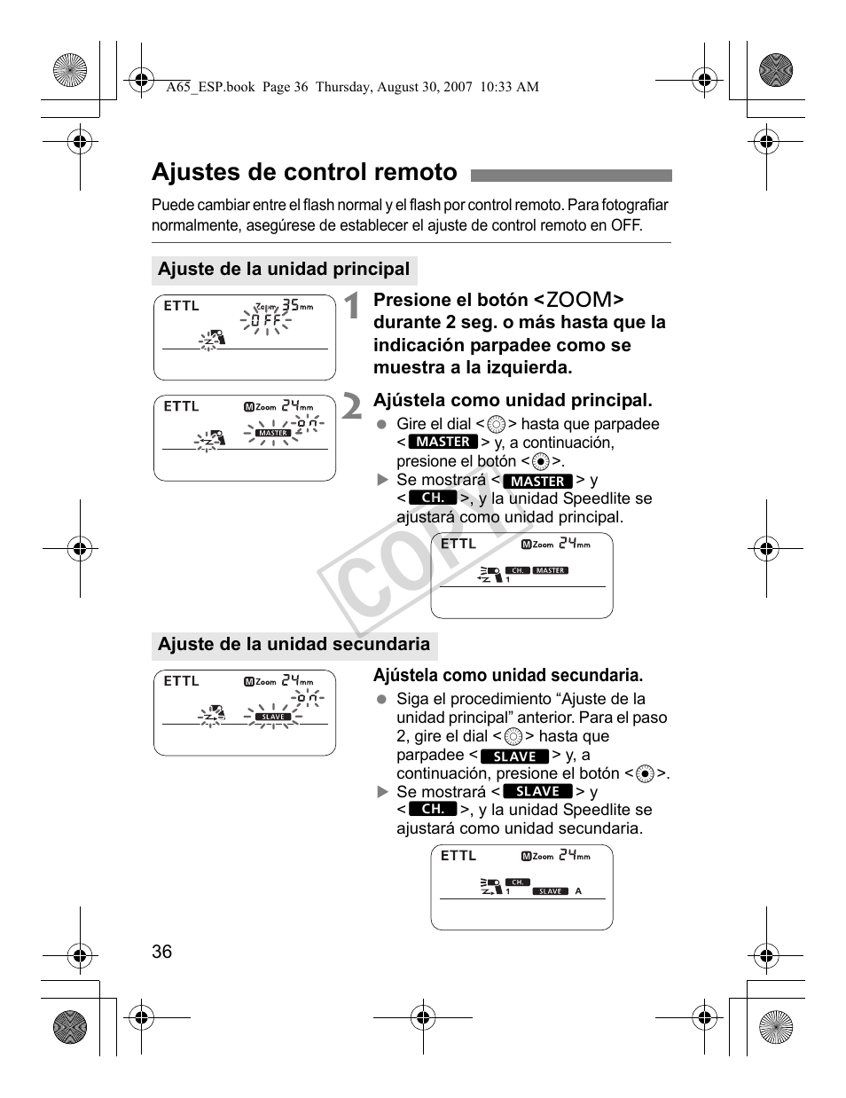 Cop y, Ajustes de control remoto | Canon Speedlite 580EX II User Manual | Page 153 / 176