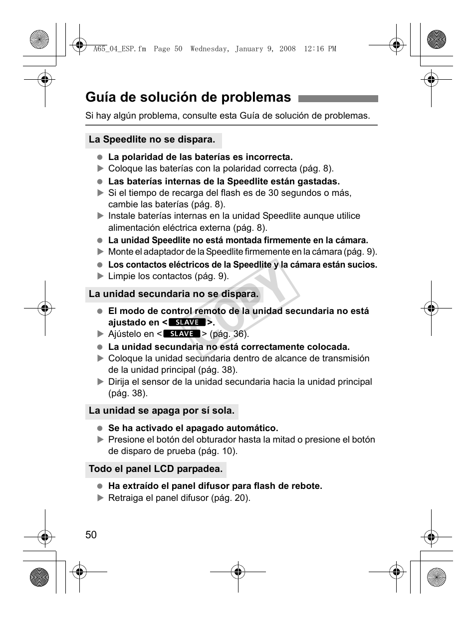 Cop y, Guía de solución de problemas | Canon Speedlite 580EX II User Manual | Page 167 / 176