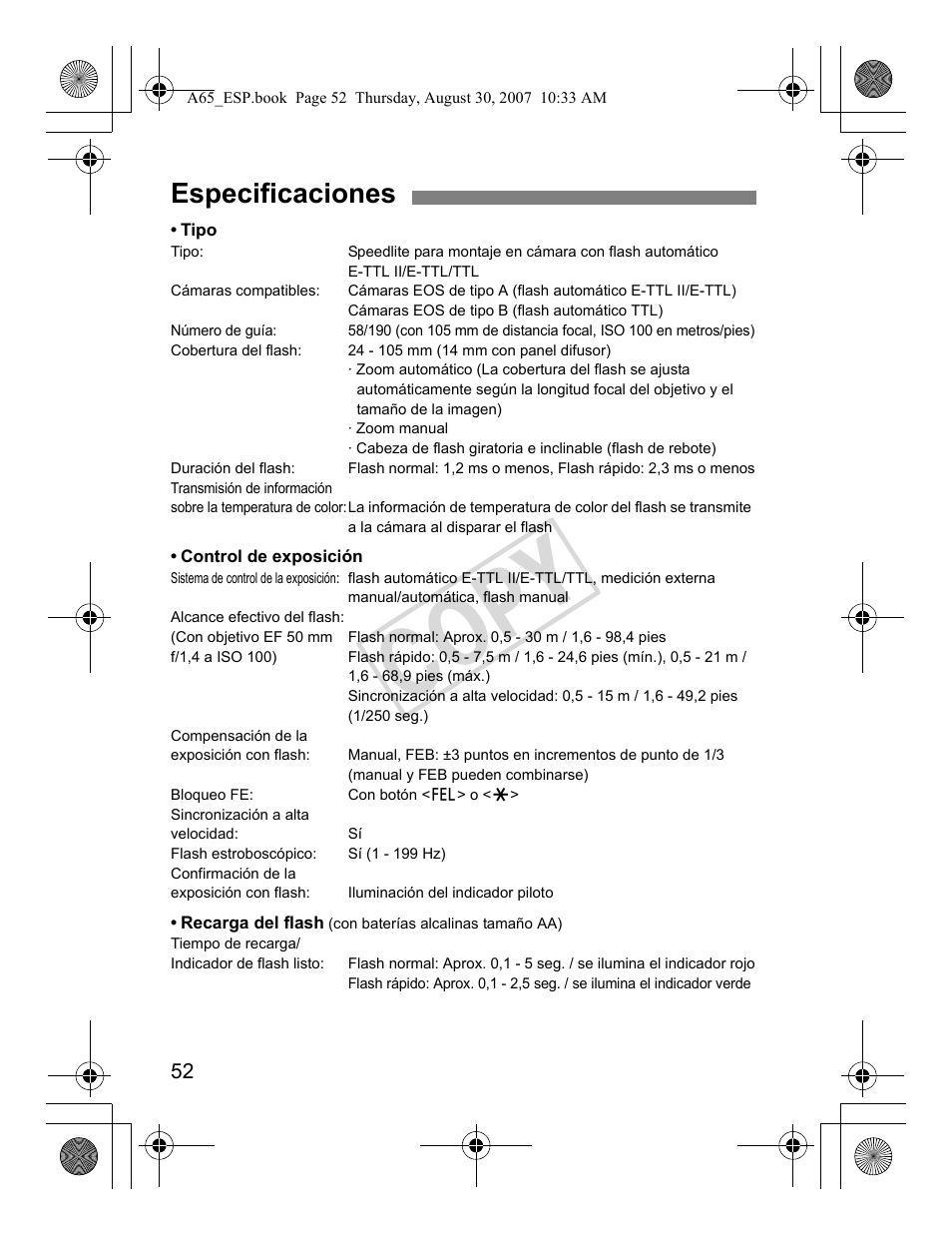 Cop y, Especificaciones | Canon Speedlite 580EX II User Manual | Page 169 / 176